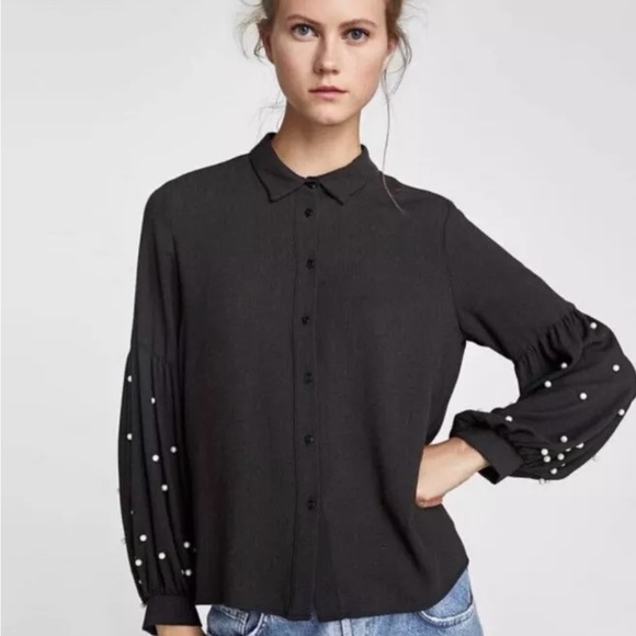 Zara Puffy Sleeve Shirt with Pearls - Picture 1 of 11